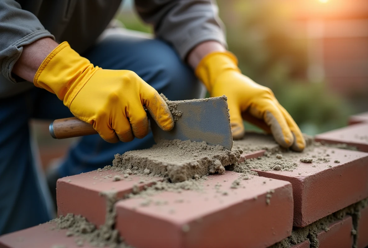 Dłonie murarza rozprowadzają zaprawę kielnią na pustakach