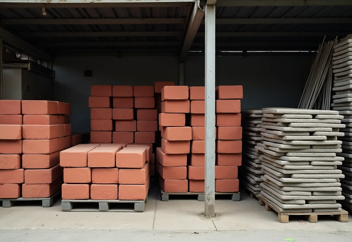 Palety pustaków, worki cementu i wiązki stali pod wiatą